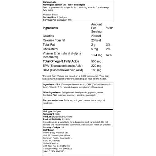 Carlson Labs - Νορβηγικό έλαιο σολομού - 180 + 50 softgels