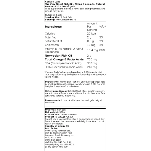 Carlson Labs - The Very Finest Fish Oil - 700mg Ωμέγα-3s