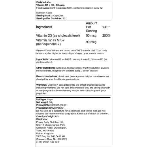 Carlson Labs - Βιταμίνη D3 + K2 - 60 κάψουλες