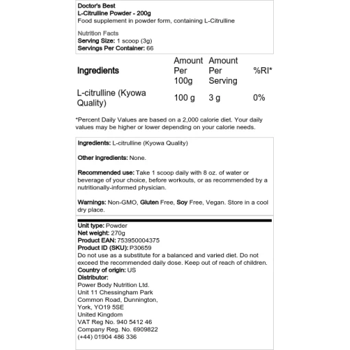 Doctor's Best - L-Citrulline Powder - 200 γραμμάρια