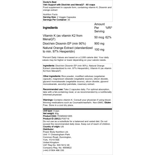Doctor's Best - Υποστήριξη φλεβών με DiosVein και MenaQ7 - 60 vcaps