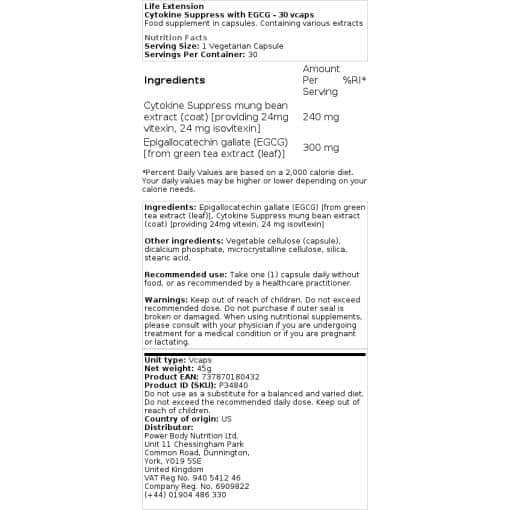 Life Extension - Καταστολή κυτταροκινών με EGCG - 30 vcaps