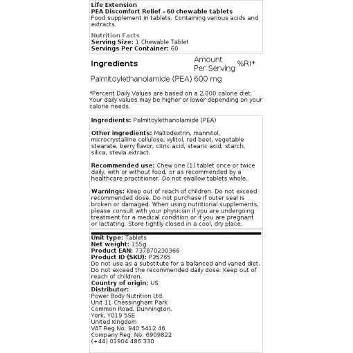 Life Extension - PEA Discomfort Relief - 60 μασώμενες ταμπλέτες