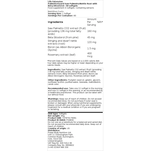 Life Extension - PalmettoGuard Saw Palmetto/Nettle Root με β-σιτοστερόλη - 60 softgels
