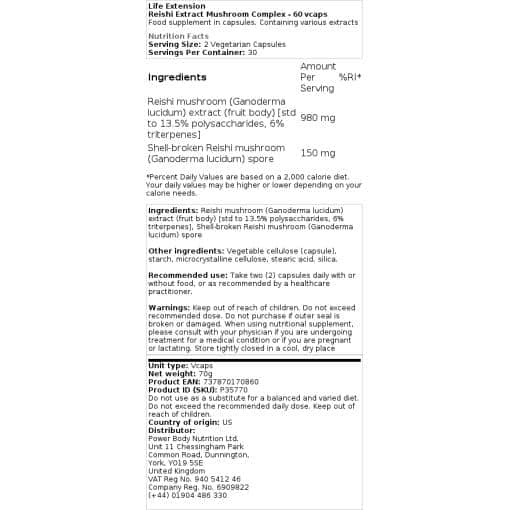Life Extension - Σύμπλεγμα μανιταριών Reishi Extract - 60 vcaps