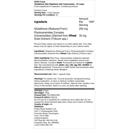 NOW Foods - Glutathione Skin Brightener με Ceramosides - 30 vcaps