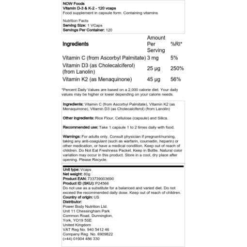NOW Foods - Βιταμίνη D-3 & K-2 - 120 vcaps