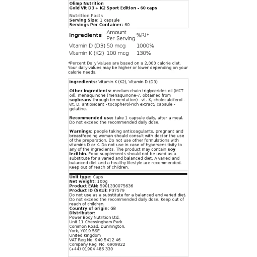 Olimp Nutrition - Gold Vit D3 + K2 Sport Edition - 60 κάψουλες
