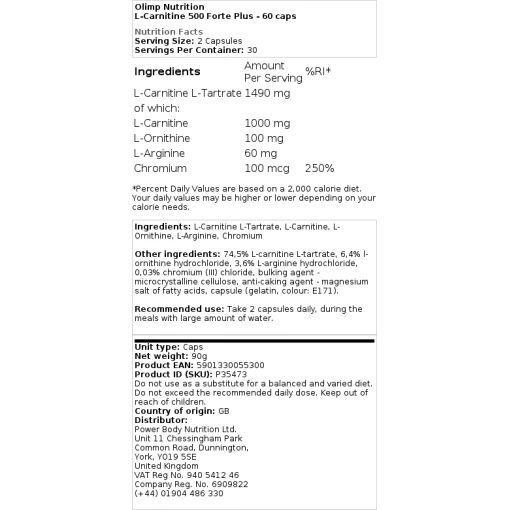 Olimp Nutrition - L-Carnitine 500 Forte Plus - 60 κάψουλες