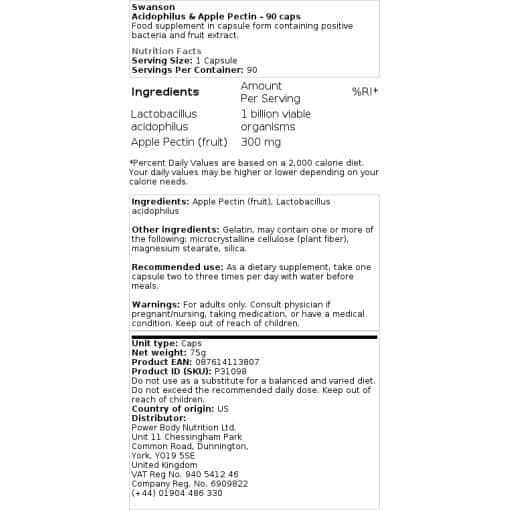 Swanson - Acidophilus & Apple Pectin - 90 κάψουλες