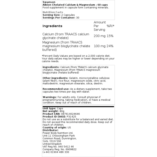 Swanson - Albion Chelated Calcium & Magnesium - 60 κάψουλες