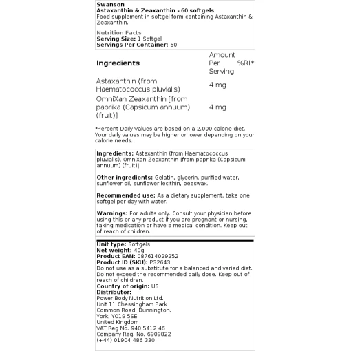 Swanson - Ασταξανθίνη & Ζεαξανθίνη - 60 softgels