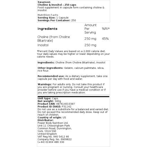 Swanson - Χολίνη & Ινοσιτόλη - 250 κάψουλες