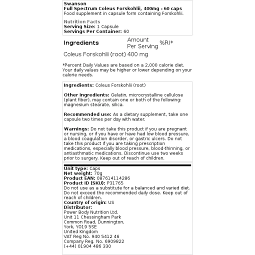 Swanson - Πλήρες φάσμα Coleus Forskohlii