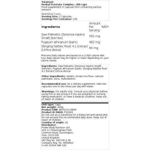 Swanson - Herbal Prostate Complex - 200 κάψουλες