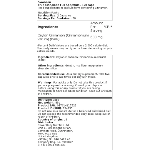 Swanson - True Cinnamon Full Spectrum - 120 κάψουλες