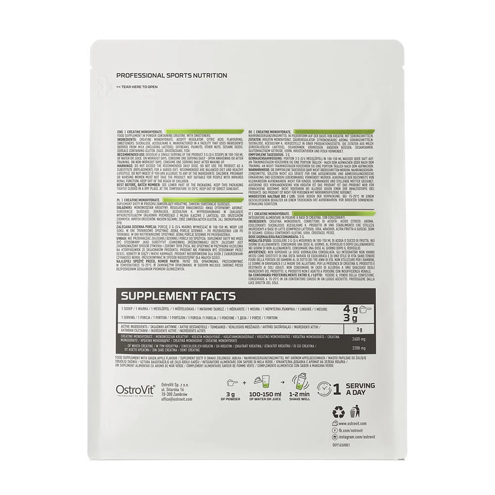 OstroVit - Kreatin-monohidrát, zöldalma ízesítéssel - 300g - Image 7