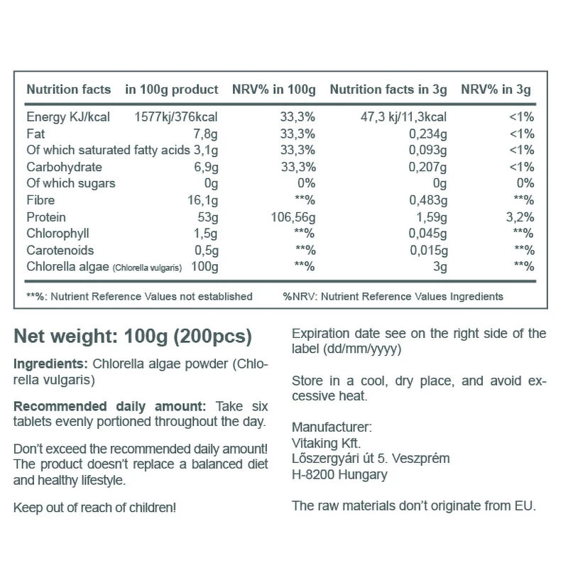 Vitaking - Kék-zöld alga (chlorella) 500 mg (200 tabletta) - Image 7