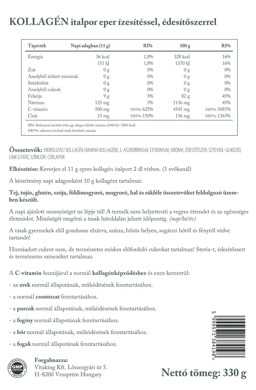 Vitaking - Hidrolizált Marhakollagén (330 g, eper ízesítéssel) - Image 4