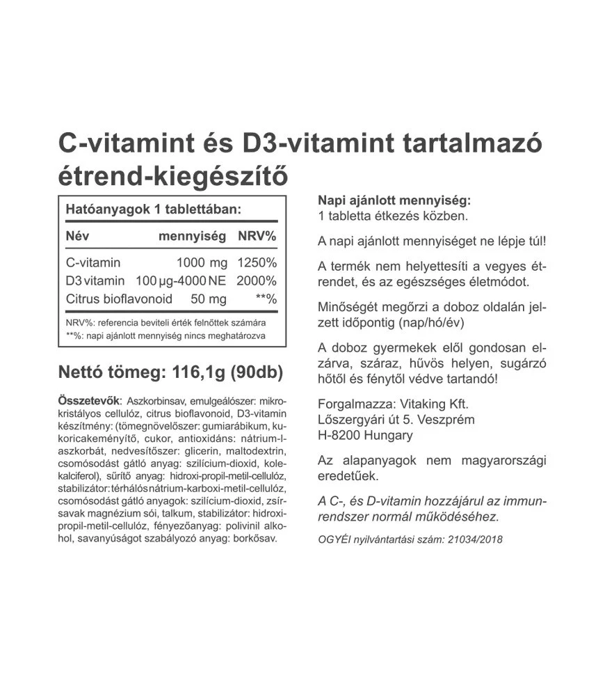 Vitaking - C-vitamin 1000 mg + D-vitamin 4000 NE (90 tabletta) - Image 2
