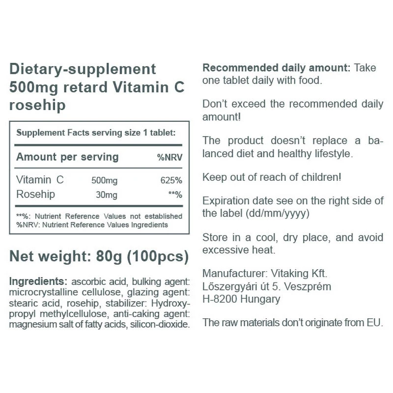 Vitaking - Vitaking C-500 időszakos felszabadulású C-vitamin csipkebogyóval (100 tabletta) - Image 3