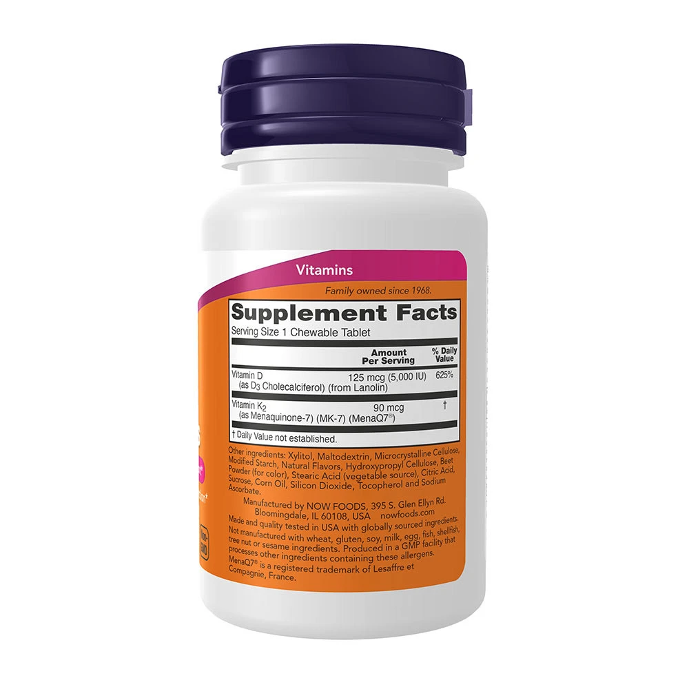 NOW - D-3 + K-2 (MK-7) vitamin rágótabletta (90 db) - Image 2